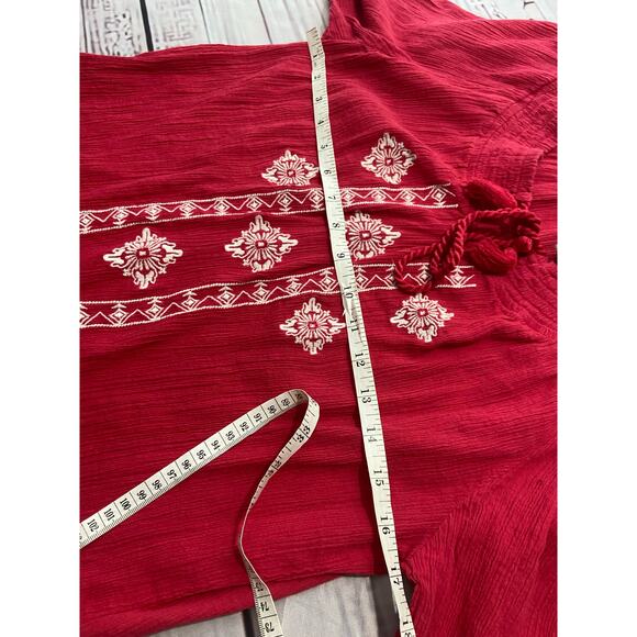 Catherines Top Womens 0X Red Embroidery Crepe Tassel Tie Smocked Neck Cotton - Picture 6 of 10